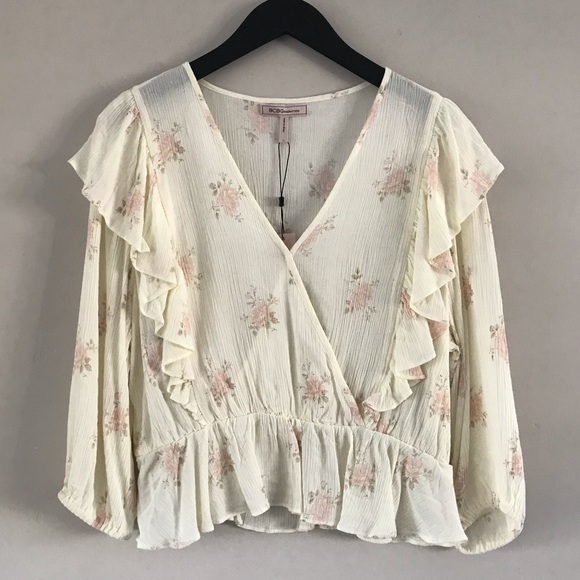 NWT BCBGeneration | Cream Floral Peplum Hem Blouse | Large - Picture 3 of 11